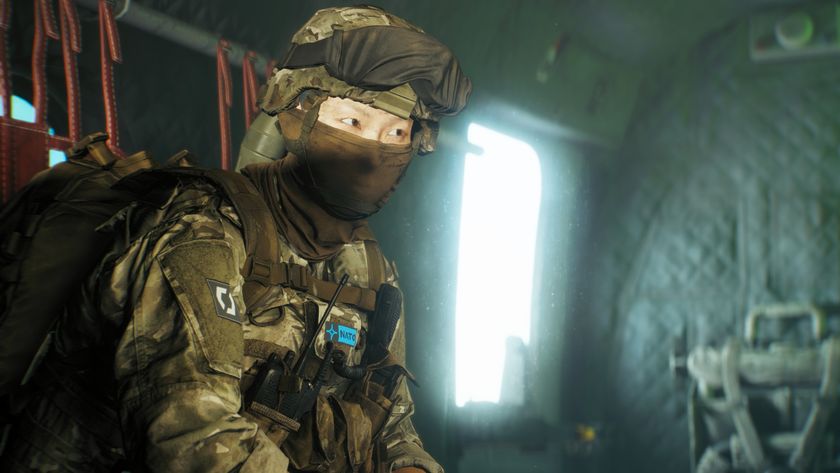 Battlefield 6 Redsec battle royale: A NATO soldier wearing full armour and a face mask sat down inside a helicopter.