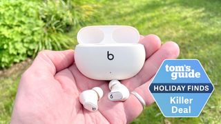Beats Studio Buds shown in hand with charging case