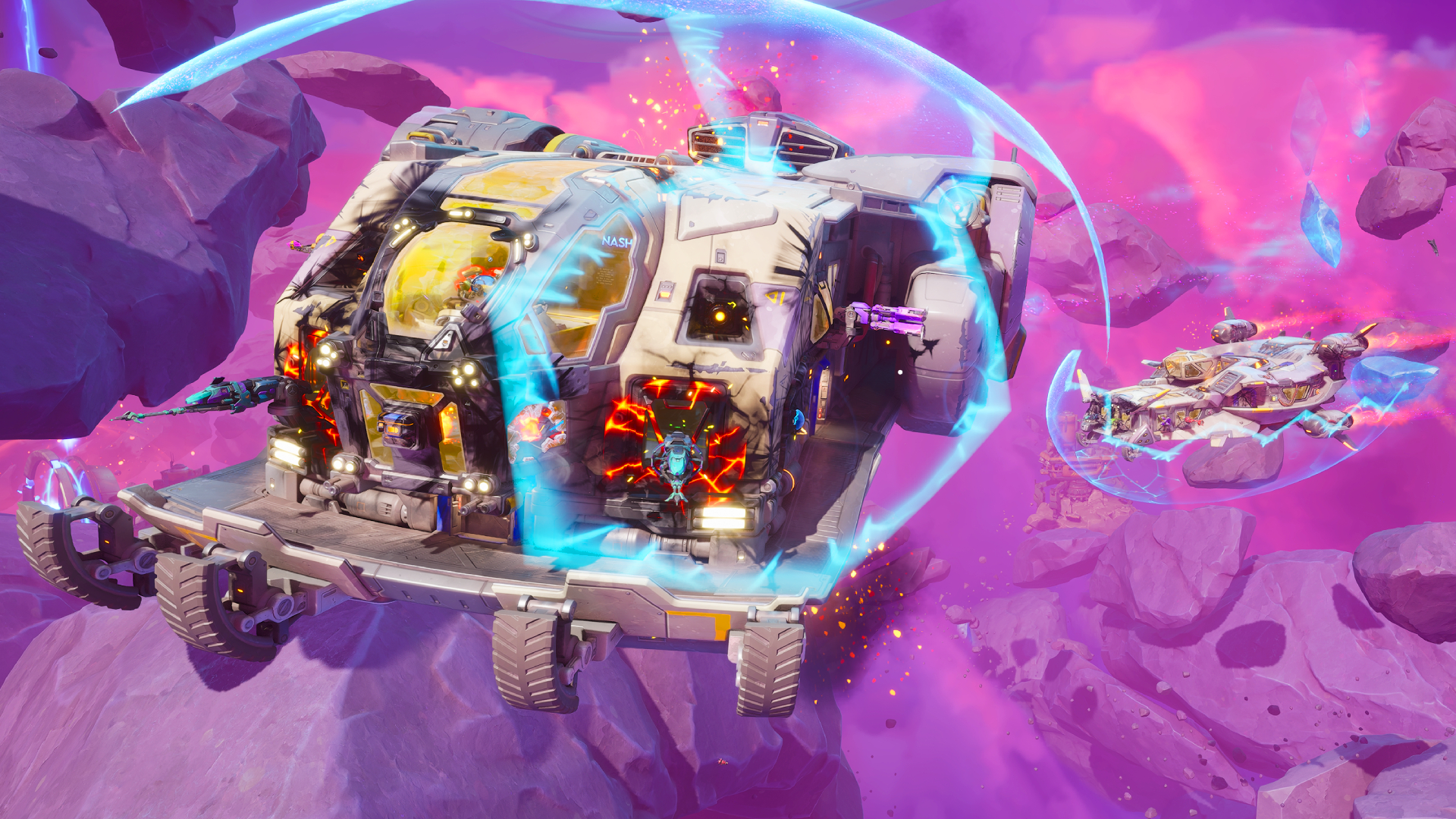 A damage spaceship flees from another spaceship close behind in a bright purple and pink expanse with rocks floating around them