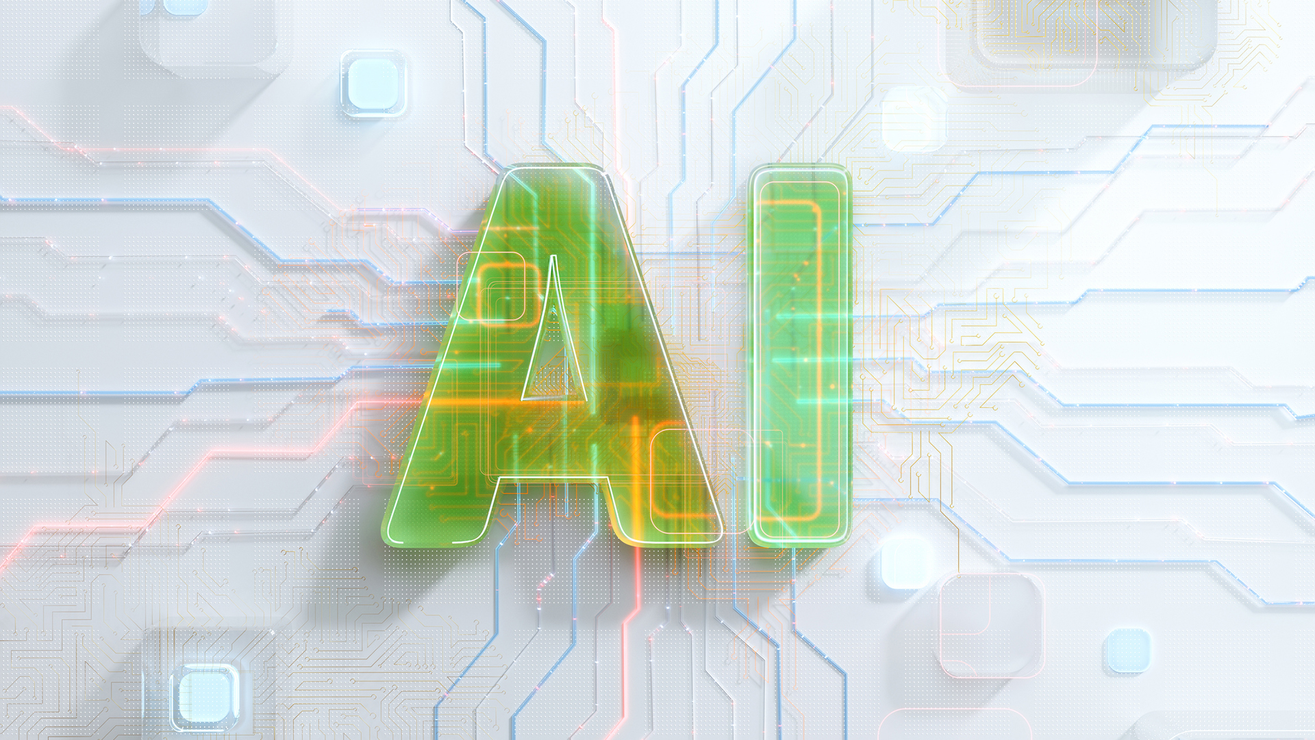Digital generated image of green semi transparent AI word on white circuit board visualizing smart technology, blockchain and artificial intelligence.