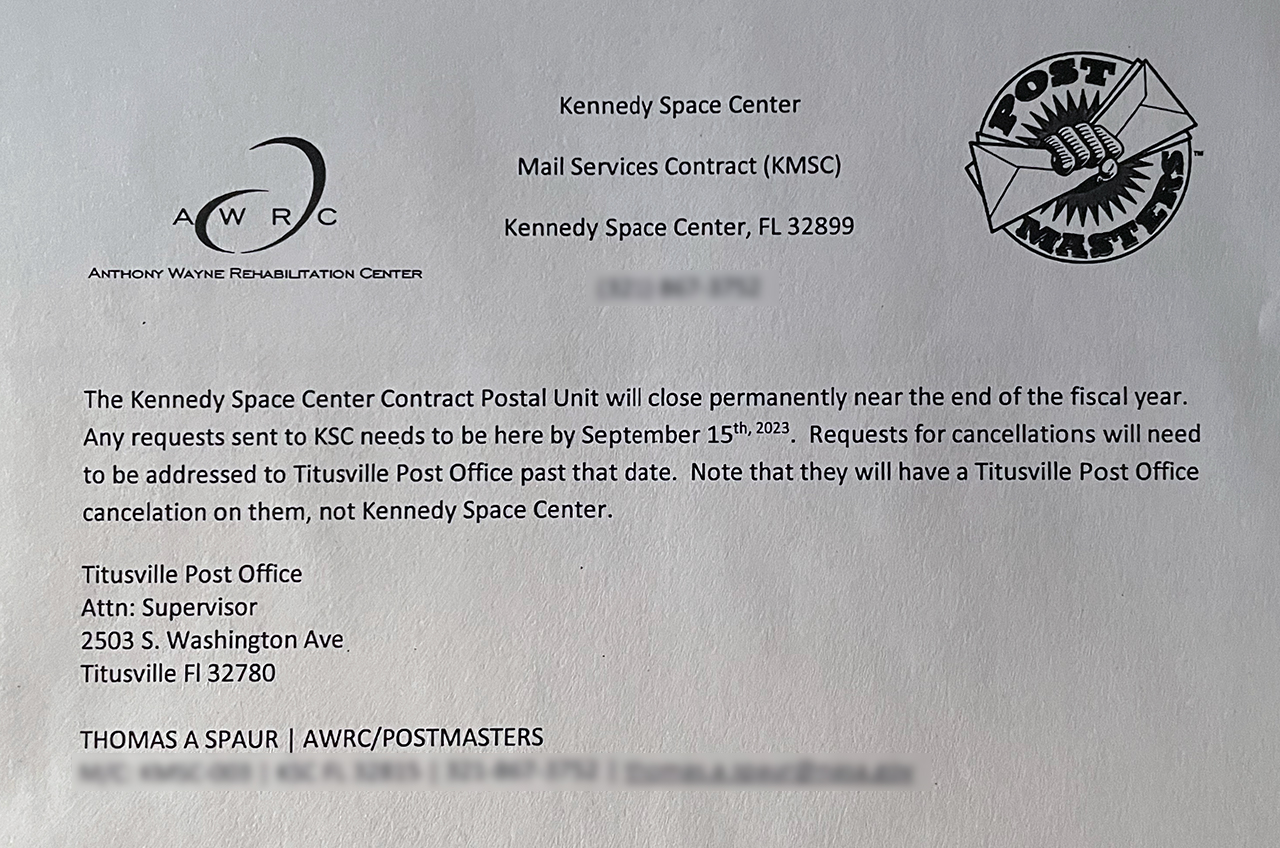 a letter from the kennedy space center contract postal unit.