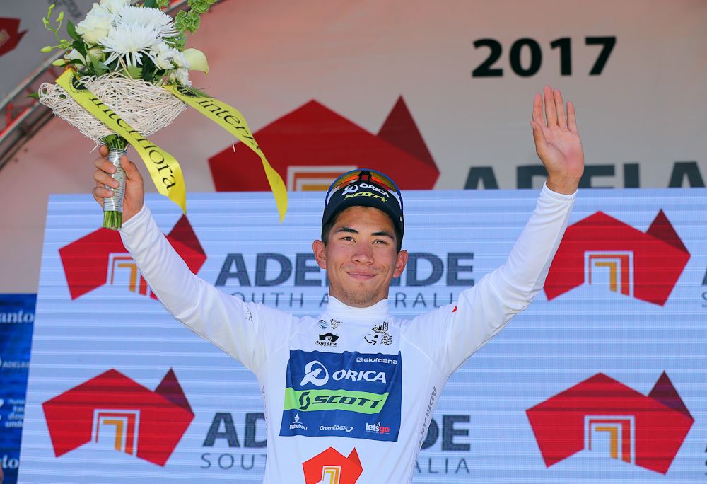 Caleb Ewan in the jersey for best young rider after stage 1 at the Tour Down Under
