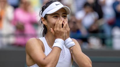 Emma Raducanu of Great Britain celebrates match point during her Ladies&#039; Singles third Round match against Sorana Cirstea of Romania during Day Six of The Championships - Wimbledon 2021