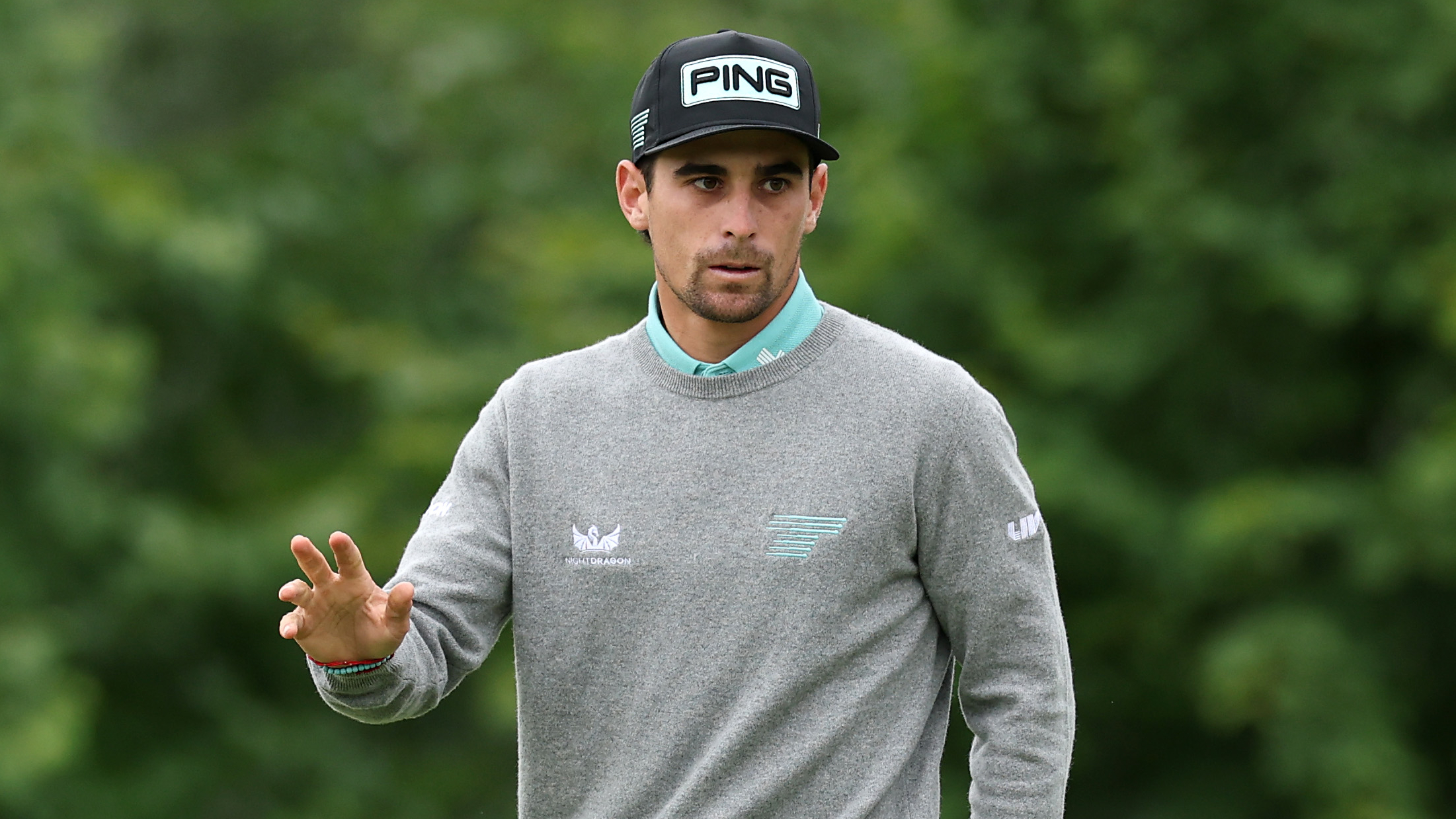 Joaquin Niemann acknowledges fans at LIV Golf UK
