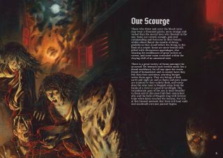 Painterly art of vampires attacking a victim, alongside a gothic font reading "Our Scourge". Sections from Legacy of Kain TTRPG: Scourge of the Sarafan.