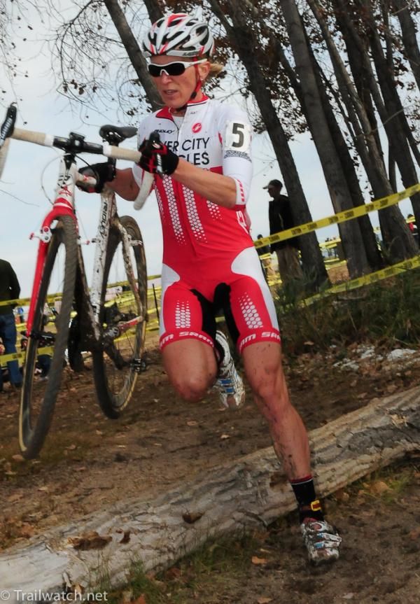 Sue Butler (River City Bicycles) chasing the leader through the woods