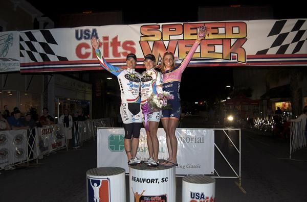 The women's podium (l-r): Theresa Cliff-Ryan (Colavita/Baci Pro Cycling), 2nd; Rushlee Buchanan (Colavita/Baci Pro Cycling), 1st; Erica Allar (Team Vera Bradley Foundation), 3rd.