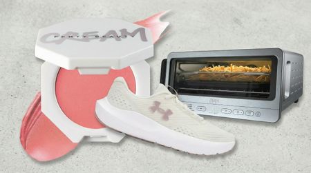 Compilation showing Fenty Beauty products, Under Armour running shoes, Ninja oven