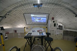 A look at the crew living area and galley table on the third floor of Sierra Nevada Corp.'s Large Inflatable Fabric Environment, or LIFE, habitat, part of its Lunar Gateway ground prototype, at NASA's Johnson Space Center in Houston on Aug. 21, 2019.
