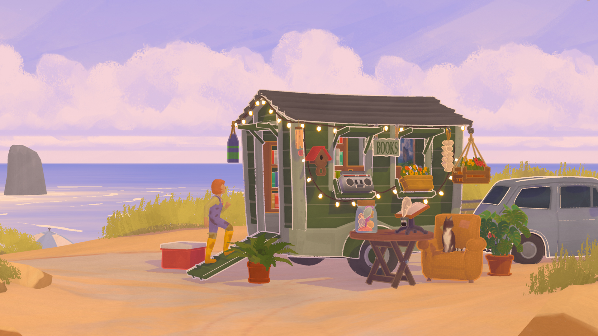 Tiny Bookshop screenshot showing the small mobile bookshop decorated with lights and plants set up on the beach as a customer walks inside. A dog can be seen sitting on a couch outside of it 