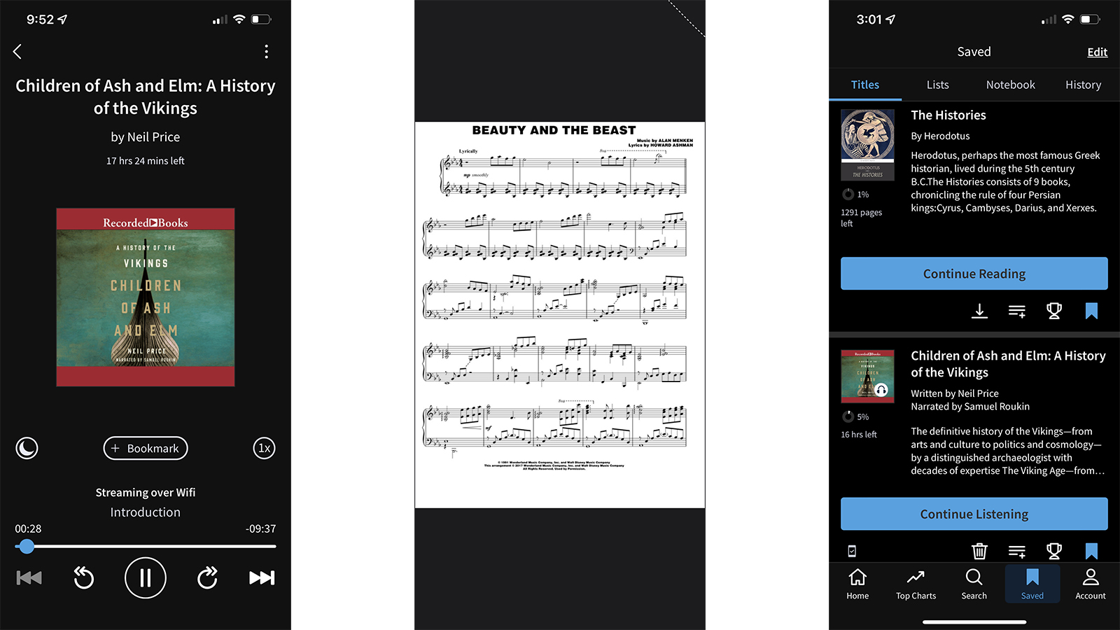 Scribd's mobile interface showing audiobooks, saved titles and sheet music