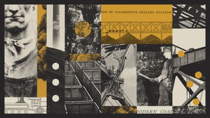 Photo composite illustration of coal, mines, miners and machinery