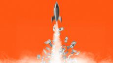 Illustration of a rocket launching in a cloud of dollar bills