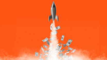 Illustration of a rocket launching in a cloud of dollar bills