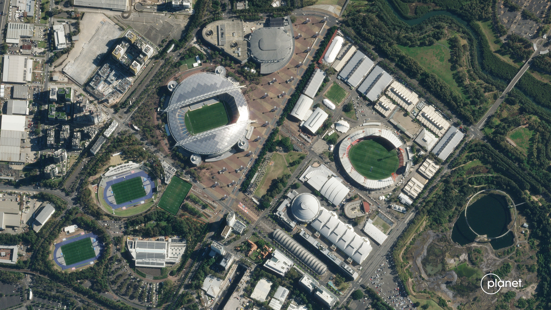several stadiums seen from space