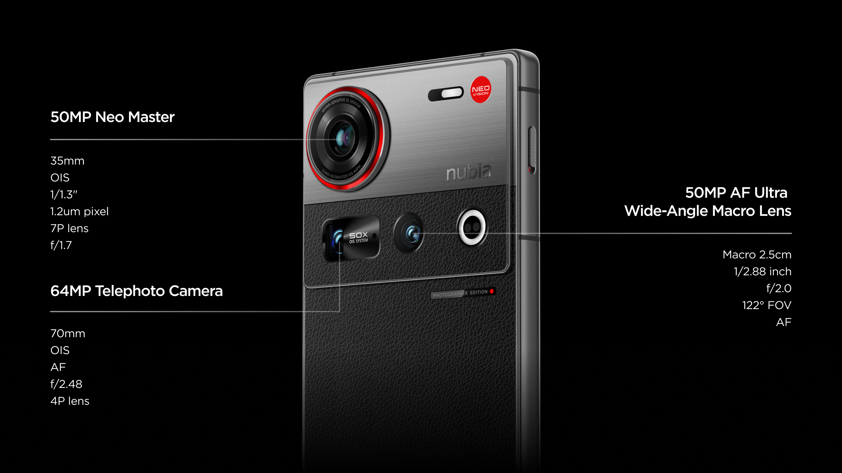 The Nubia Z70S Ultra smartphone with the camera specs on a black background