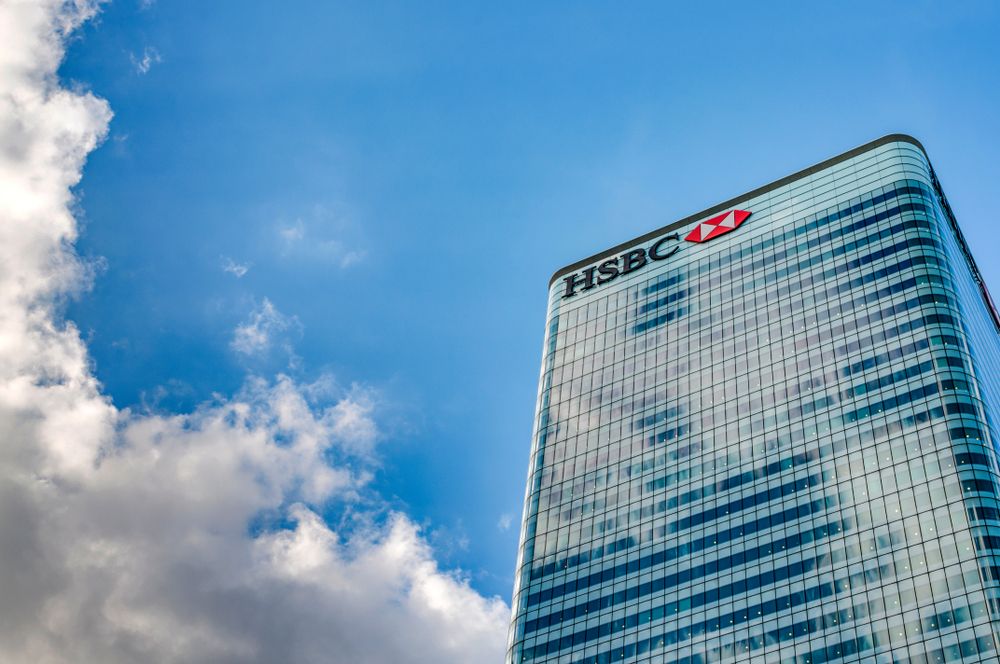 HSBC logo on skyscraper with view from below