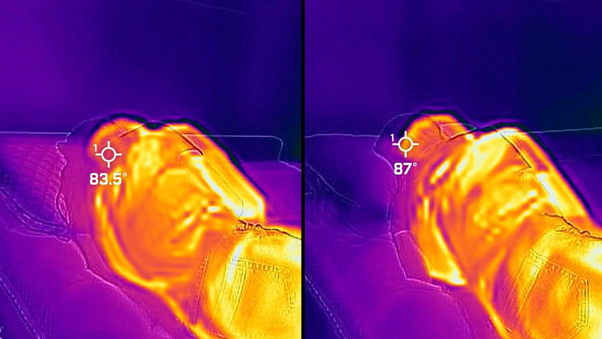 On the left, tester Frances lies on the Helix Cooling Memory Foam Pillow. After 3 minutes, the temperature is 83.5. On the right, tester Frances lies on the Hotel Collection Pillow. After 3 minutes, the temperature is 87