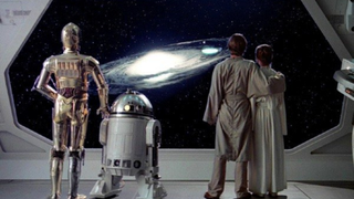R2D2, C3PO, Mark Hamill, and Carrie Fisher in The Empire Strikes Back