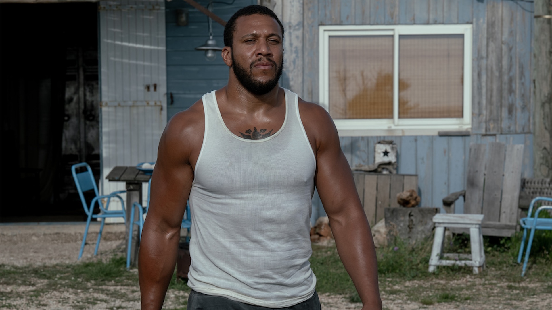 A man standing in a yard in the film K.O.