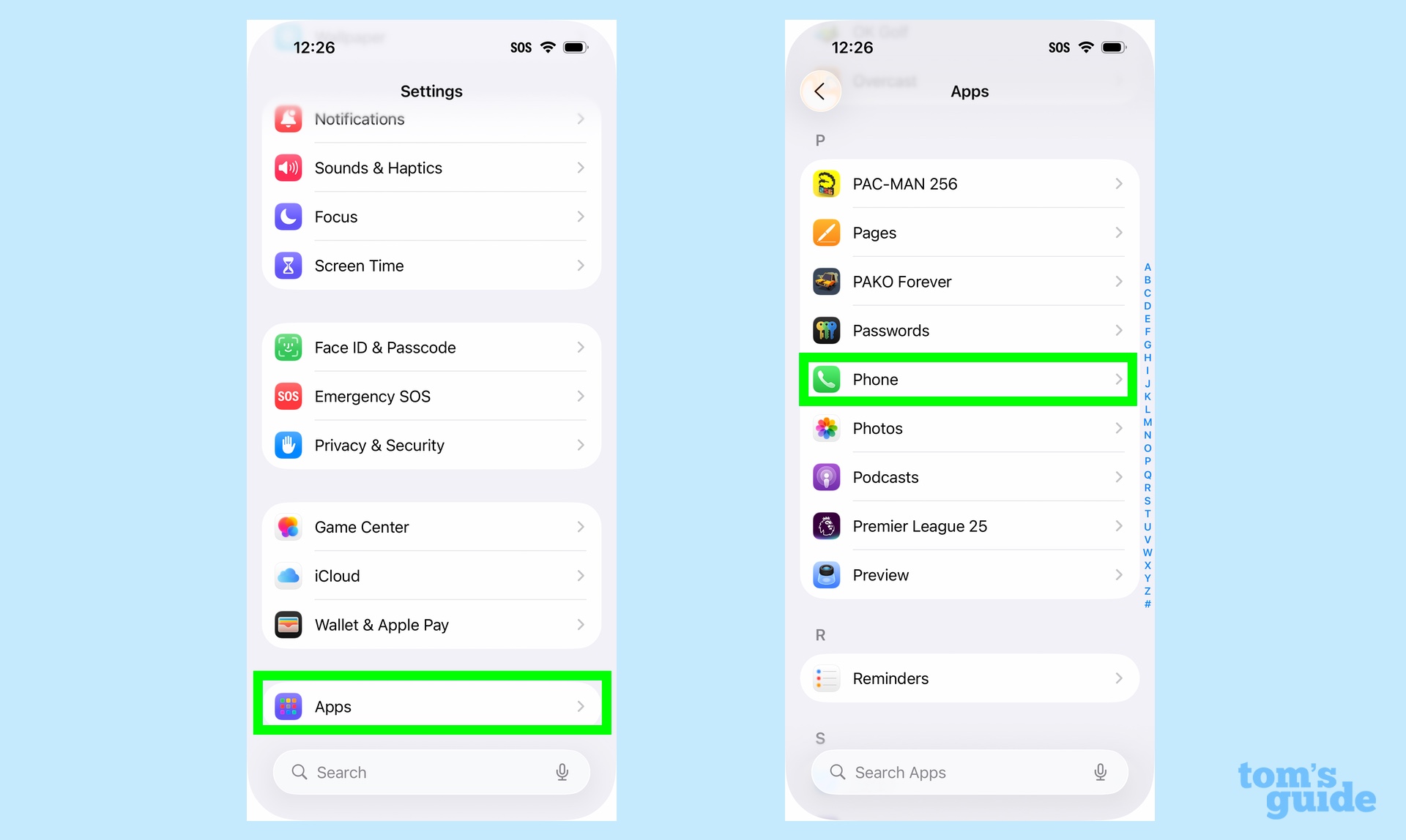 Going to Phone app settings in Setting app to enable call screening