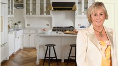 Collage of Shirlie Kemp overlayed elegant white kitchen with antique brass accessories