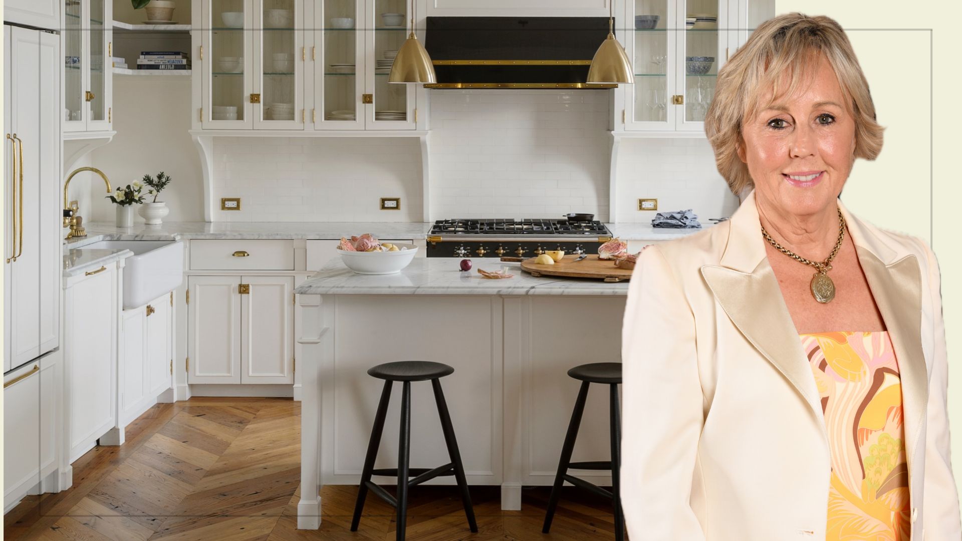 Collage of Shirlie Kemp overlayed elegant white kitchen with antique brass accessories