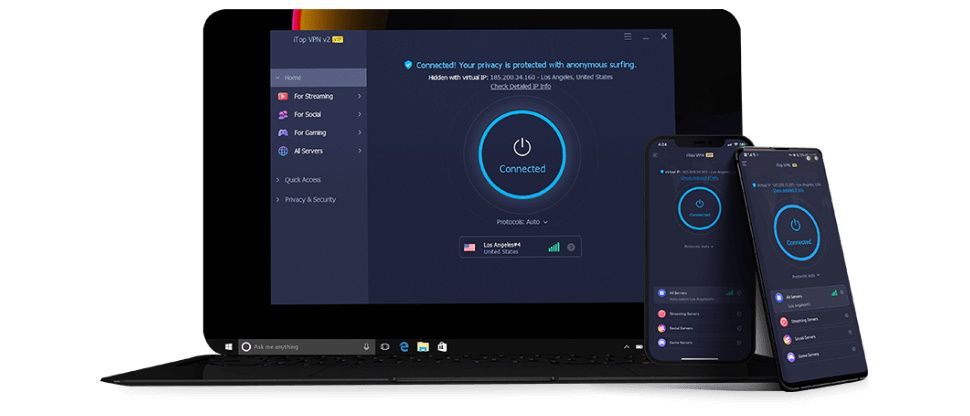 iTop VPN running on laptop and phones