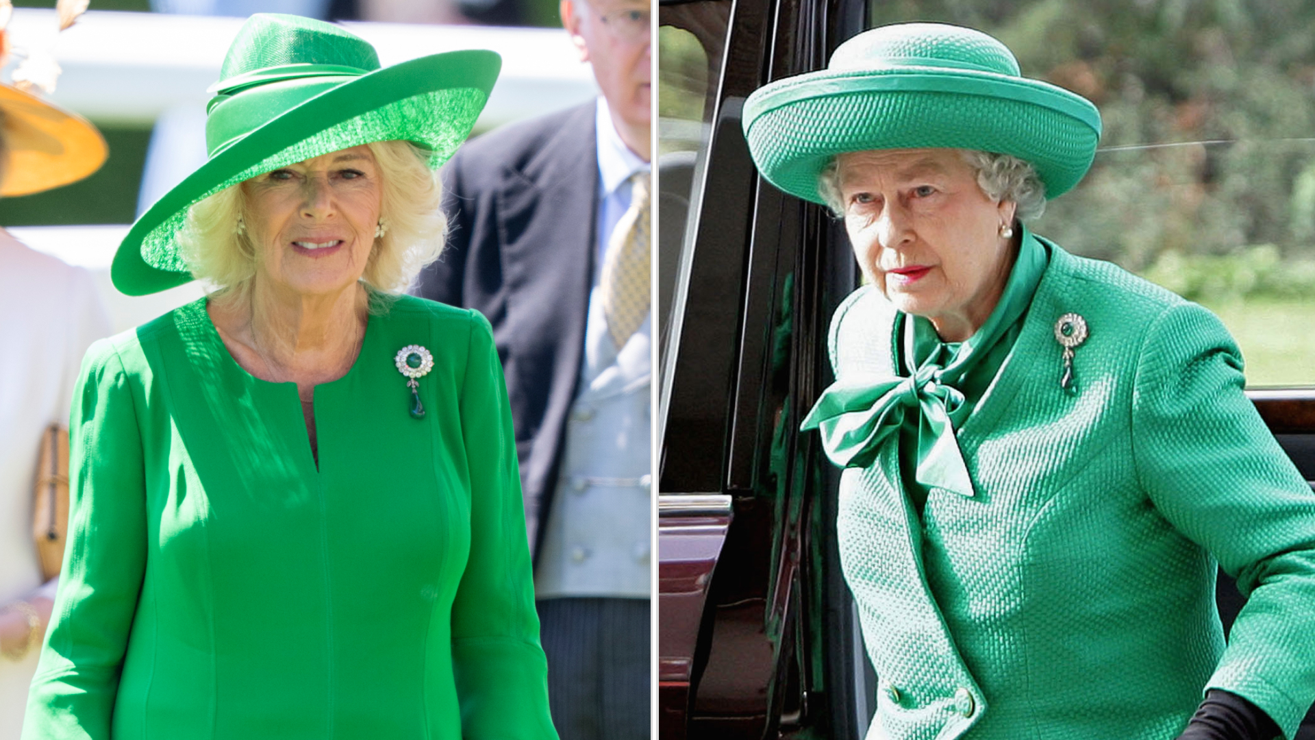 Queen Camilla wearing the Cambridge Cluster Emerald and Diamond Brooch at Royal Ascot 2025