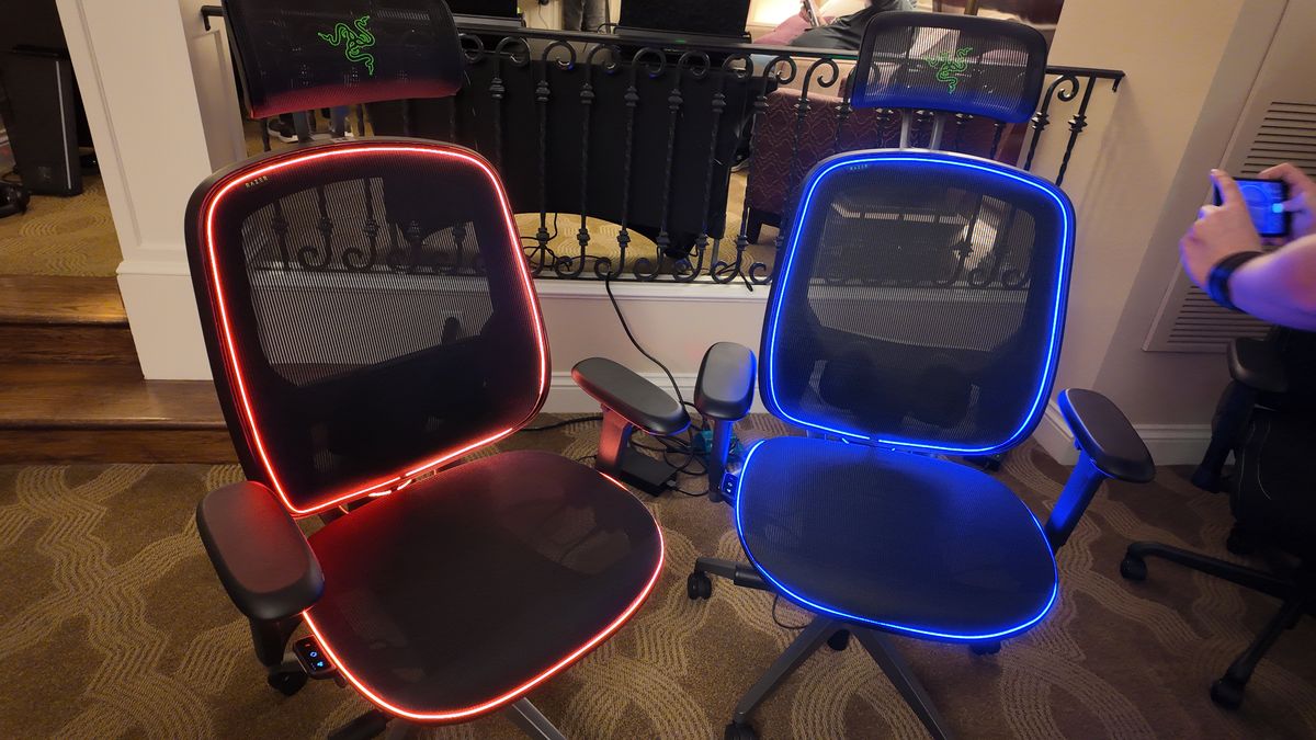 Two Razer Project Arielle gaming chairs, one lit up in red, the other in blue.