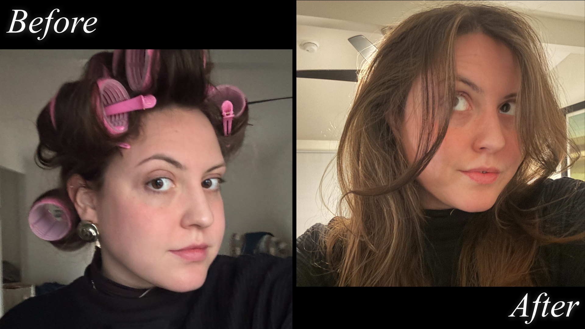 Sophia Vilensky before (during) and after testing one of the best heatless curlers.