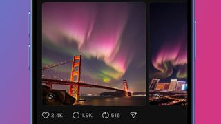 A phone on a blue and pink background showing a Meta social media post with AI-generated northern lights photos