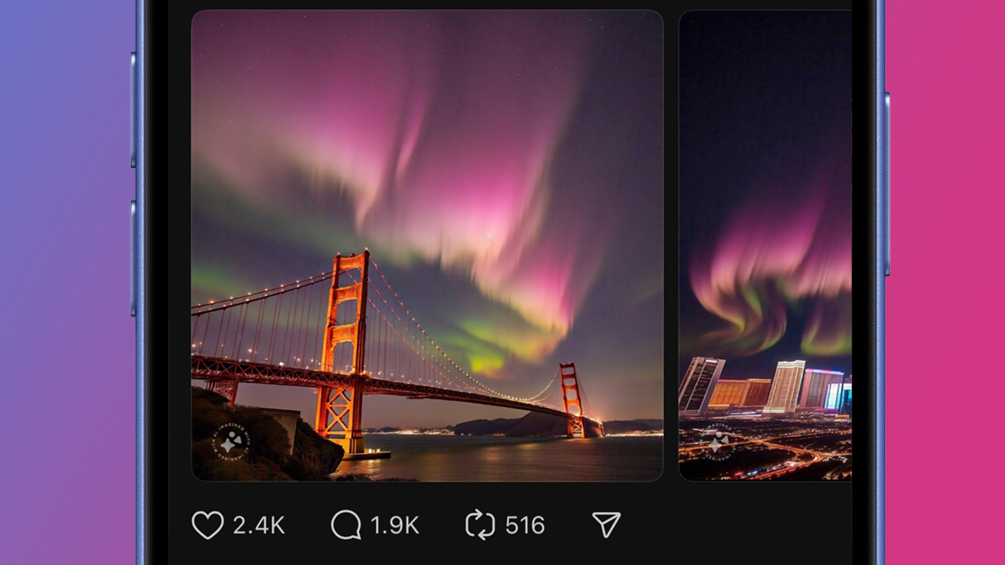 A phone on a blue and pink background showing a Meta social media post with AI-generated northern lights photos