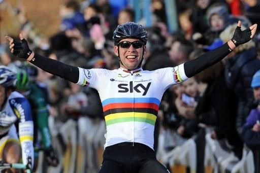 Mark Cavendish (Sky) celebrates victory at Kuurne-Brussel-Kuurne.