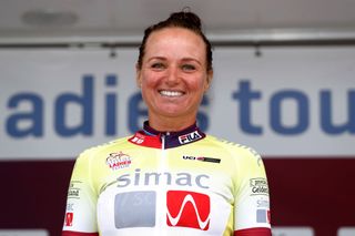 SWEIKHUIZEN NETHERLANDS AUGUST 28 Chantal Van Den Broek Blaak of Netherlands and Team SD Worx celebrates winning the yellow leader jersey on the podium ceremony after the 23rd Simac Ladies Tour 2021 Stage 4 a 1489km stage from Geleen to Sweikhuizen SLT2021 UCIWWT on August 28 2021 in Sweikhuizen Netherlands Photo by Bas CzerwinskiGetty Images