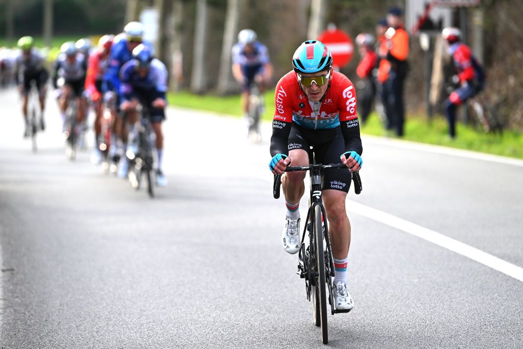 NOKERE BELGIUM MARCH 15 Jasper De Buyst of Belgium and Team Lotto Dstny attacks during the 77th Danilith Nokere Koerse 2023 Mens Elite a 1936km one day race from Deinze to Nokere DanilithNokereKoerse on March 15 2023 in Deinze Belgium Photo by Luc ClaessenGetty Images