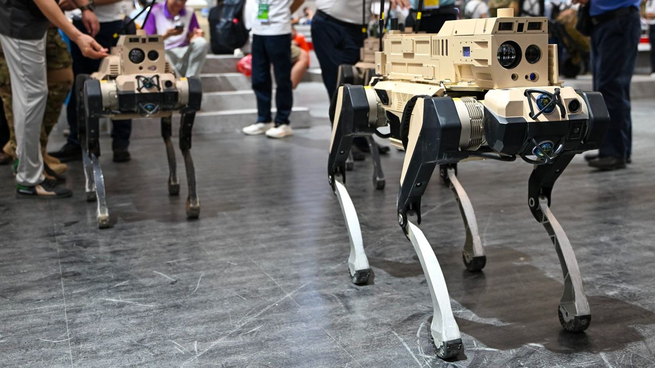 Quadrupedal robots on display at the pavilion of Norinco Group during the 15th China International Aviation and Aerospace Exhibition, or Airshow China 2024