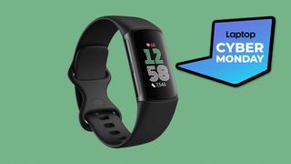 Fitbit Charge 6 on green background with LaptopMag Cyber Monday logo