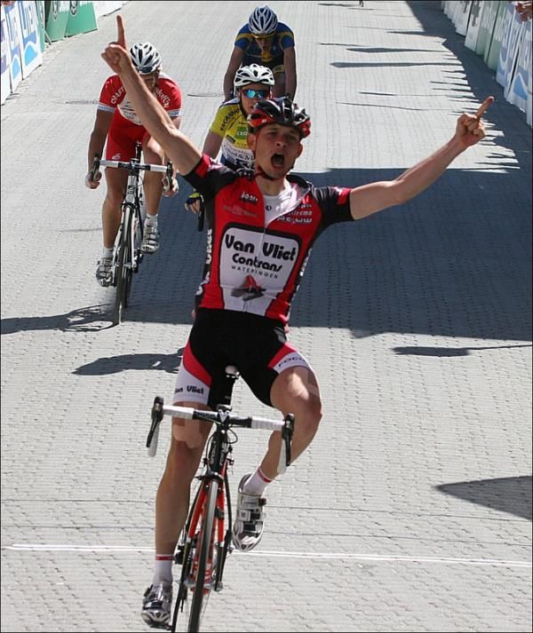 German rider Christoph Pfingsten celebrates winning the last stage.