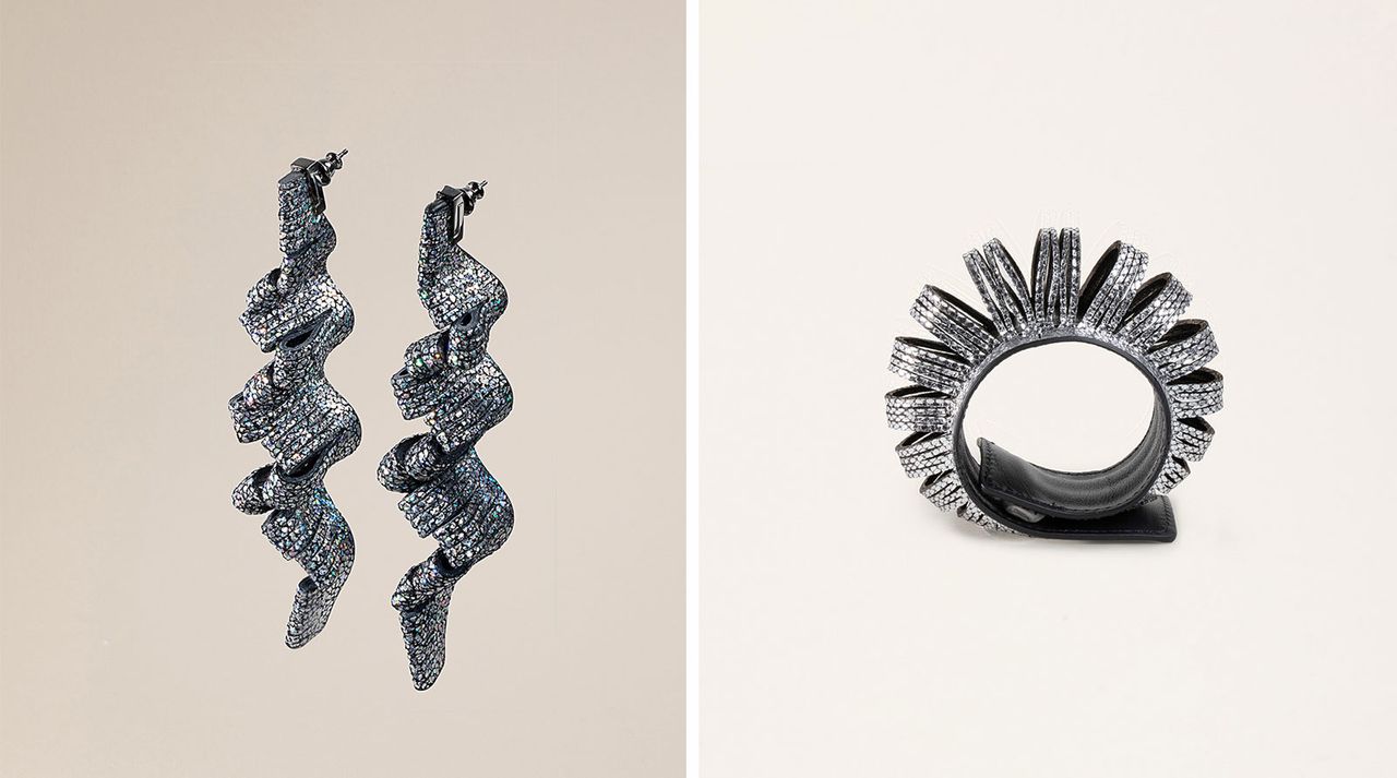 Coiled earrings and a ring in leather pictured side by side