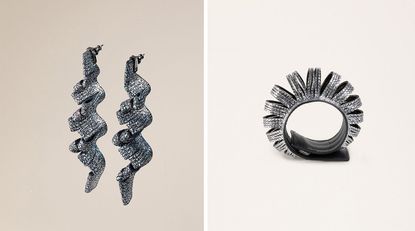 Coiled earrings and a ring in leather pictured side by side