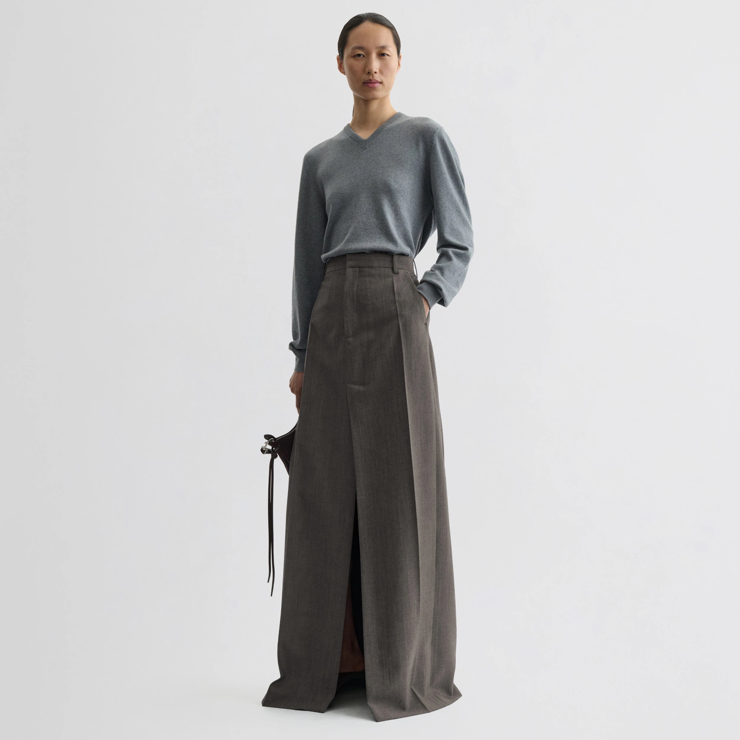 Double Slit Tailored Skirt | Dark Taupe Wool