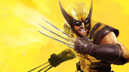 Key art for Marvel's Wolverine, with Logan on the right hand side - his claws are out against a yellow background