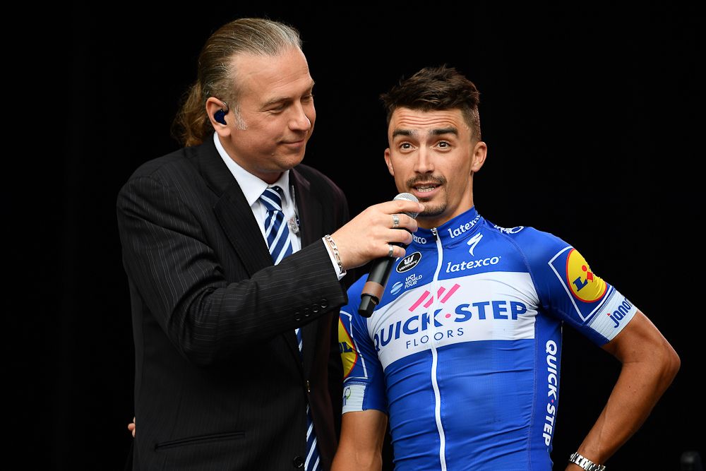 Julian Alaphilippe answers a question at the 2018 Tour de France team presentation