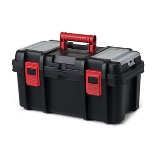 A black hard plastic toolbox with red clips for the lid and a red handle. 