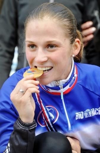Caroline Mani celebrates her gold medal performance in the French 'cross championships