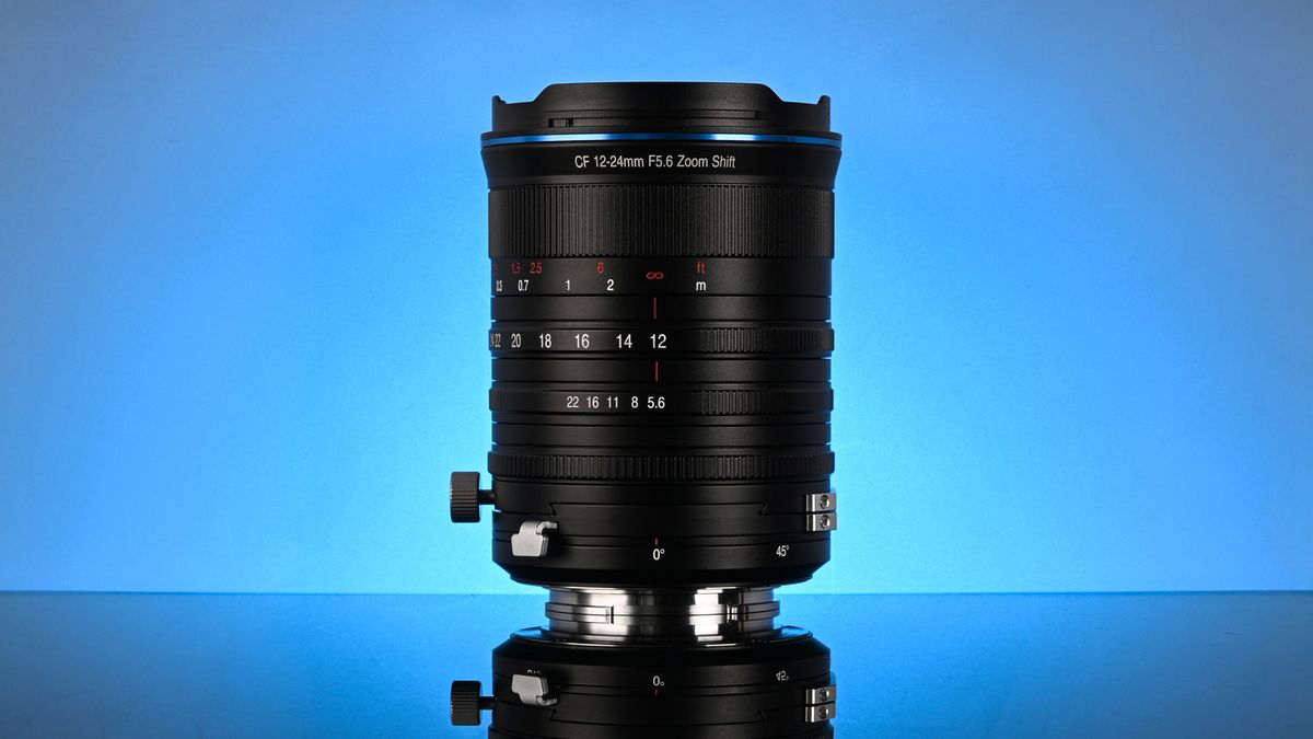 Laowa 12-24mm f/5.6 Zoom Shift lens against a blue background