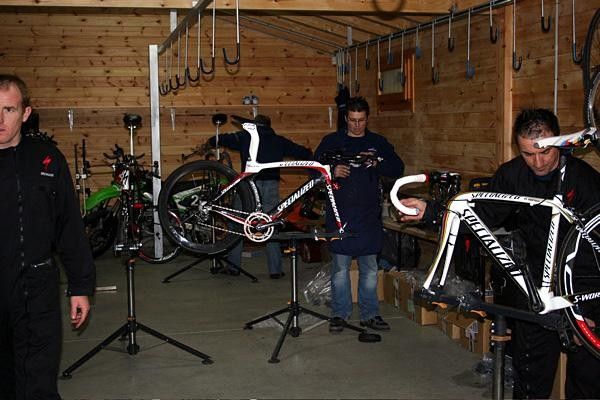 The team mechanics are still working hard. They now have the team's road bikes to check over as well!