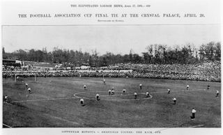 20th April 1901: Tottenham Hotspur and Sheffield United in action during the FA Cup Final at Crystal Palace. The match ended in a 2-2 draw, but Spurs won the replay 3-1. Original Publication: Illustrated London News - pub. 1901 (Photo by Hulton Archive/Getty Images)