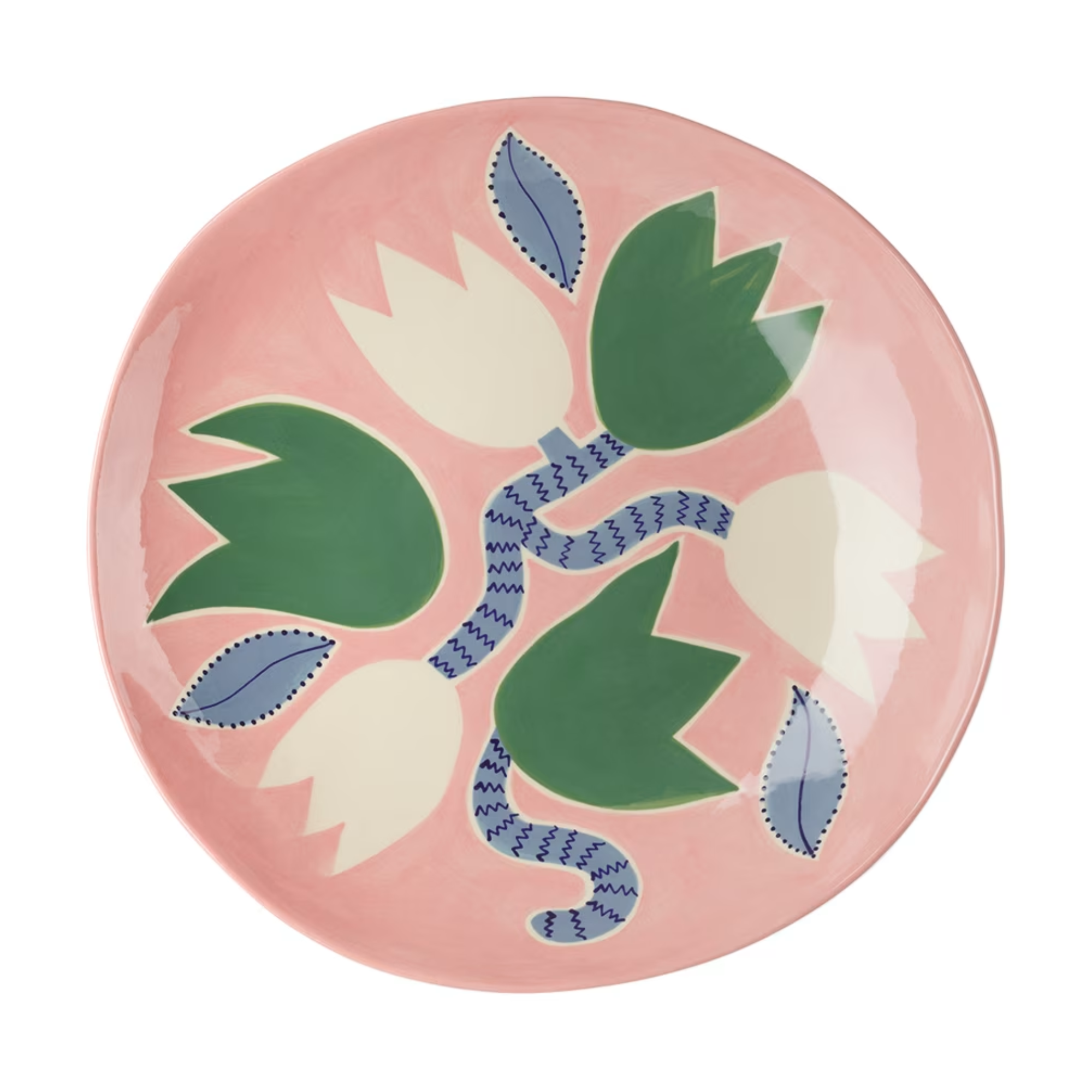 pink platter with green, blue, and white detailing